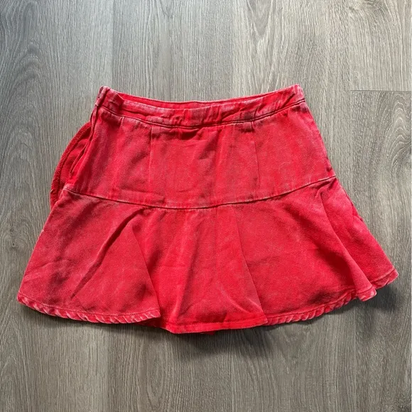 🆕 High Waisted Red Denim Mineral Wash Wrap Front Skirt with Hidden Shorts