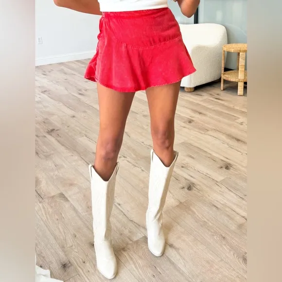 🆕 High Waisted Red Denim Mineral Wash Wrap Front Skirt with Hidden Shorts