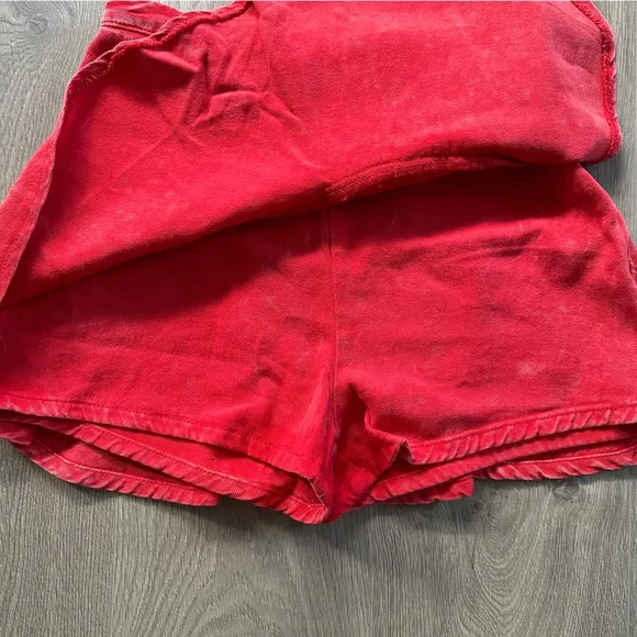 🆕 High Waisted Red Denim Mineral Wash Wrap Front Skirt with Hidden Shorts