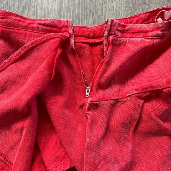 🆕 High Waisted Red Denim Mineral Wash Wrap Front Skirt with Hidden Shorts