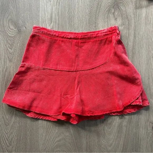 🆕 High Waisted Red Denim Mineral Wash Wrap Front Skirt with Hidden Shorts