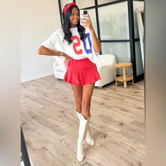 🆕 High Waisted Red Denim Mineral Wash Wrap Front Skirt with Hidden Shorts