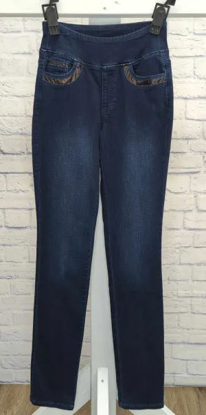 0 (XXSMALL) TALL DK INDIGO A624941 Belle by Kim Gravel TripleLuxe Tall Faux Leather Trim Jean