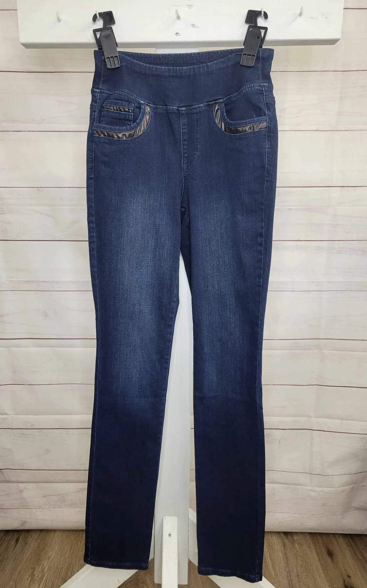 0 (XXSMALL) TALL DK INDIGO A624941 Belle by Kim Gravel TripleLuxe Tall Faux Leather Trim Jean