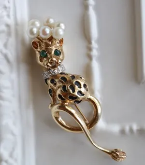 14k Gold Leopard with Crown of Pearls, Emerald Eyes and Diamond Collar
