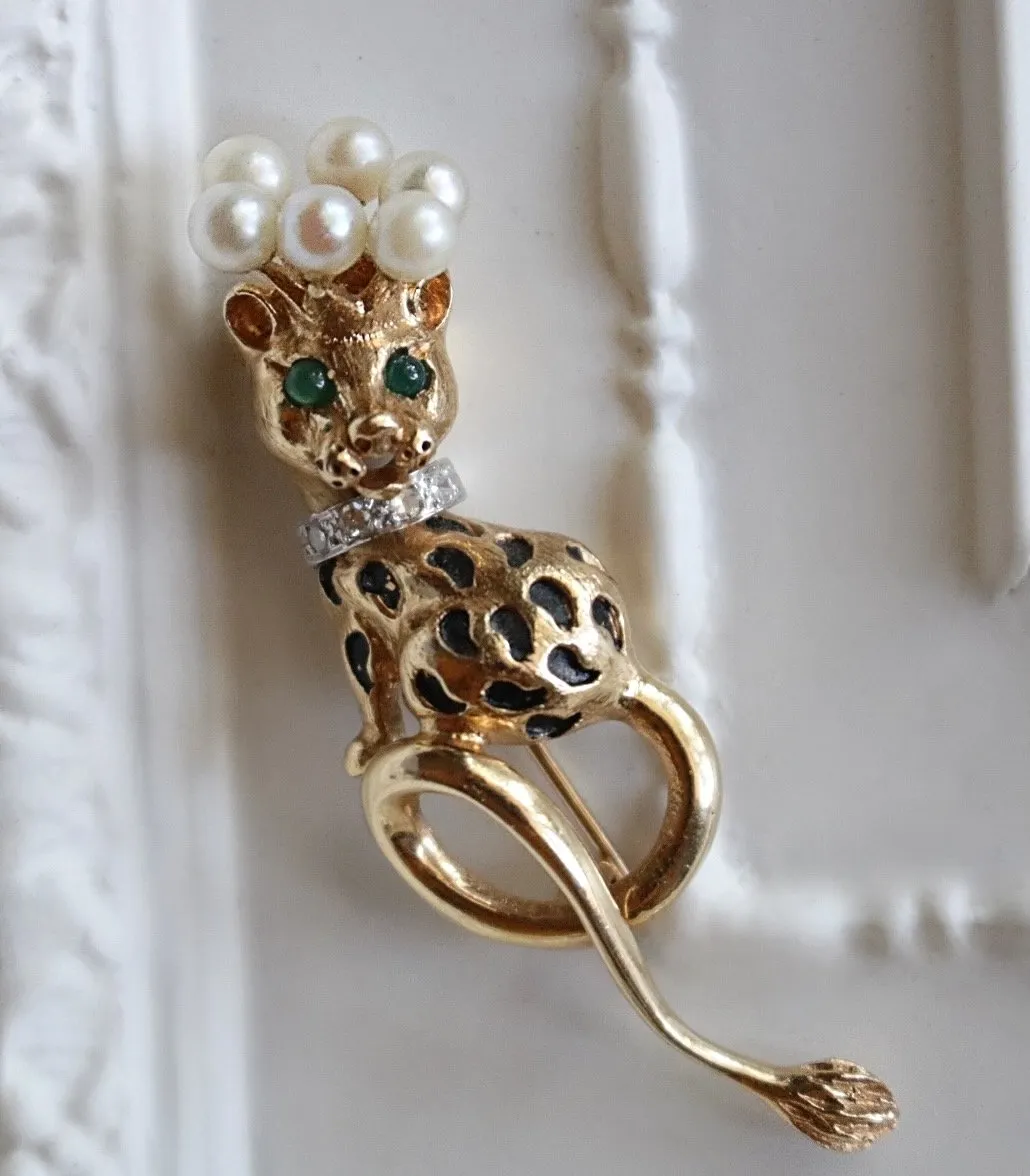 14k Gold Leopard with Crown of Pearls, Emerald Eyes and Diamond Collar