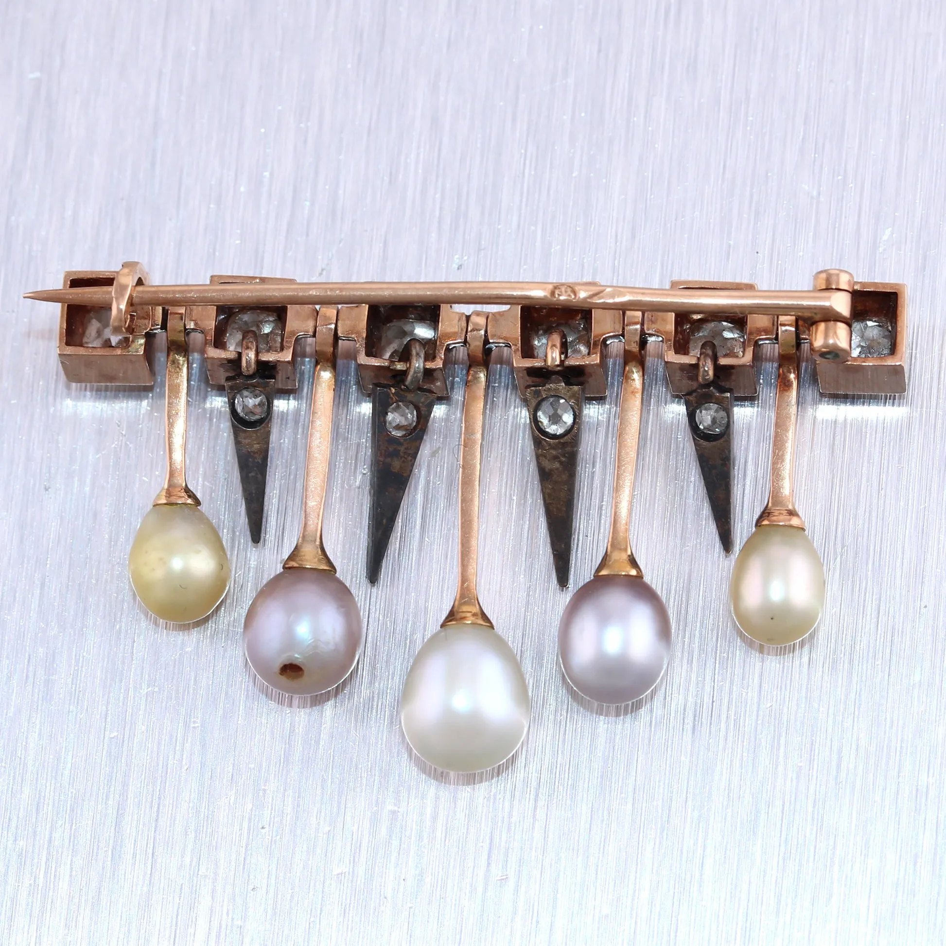 1880's Antique Russian Tsar Era 56 Gold 1.75ctw Diamond & Pearl Pin Brooch