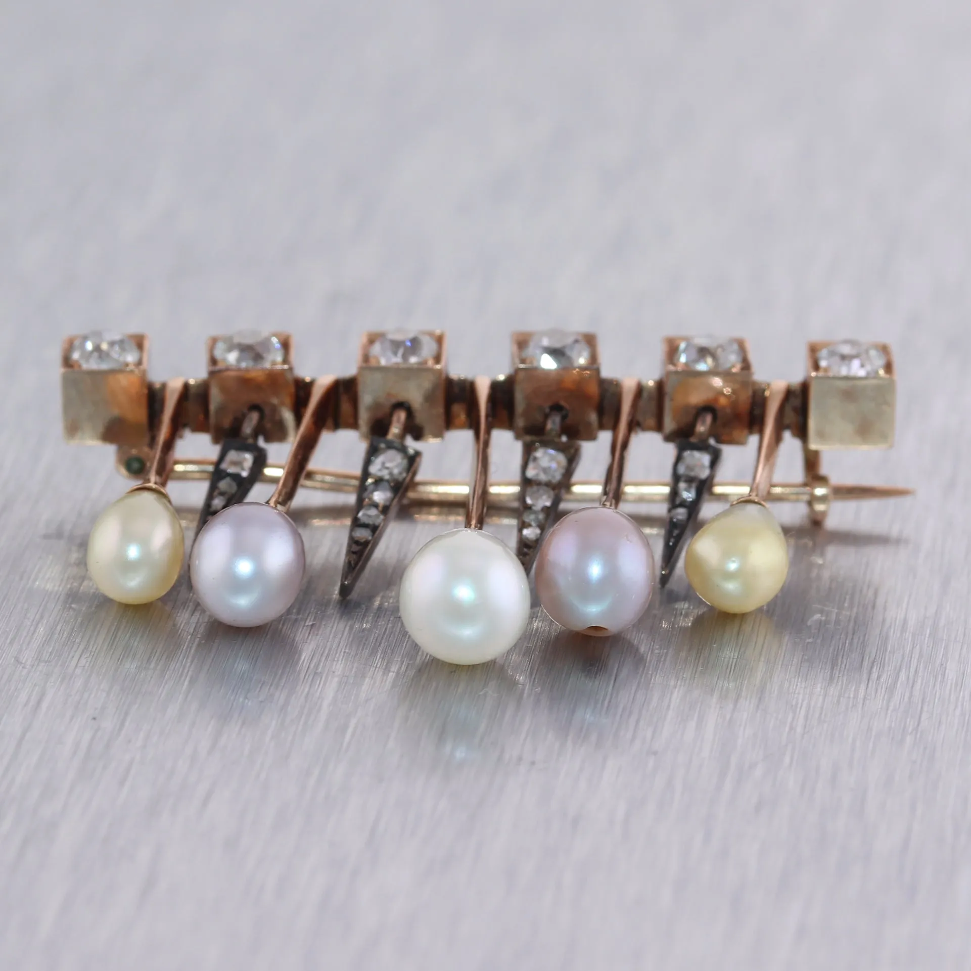 1880's Antique Russian Tsar Era 56 Gold 1.75ctw Diamond & Pearl Pin Brooch