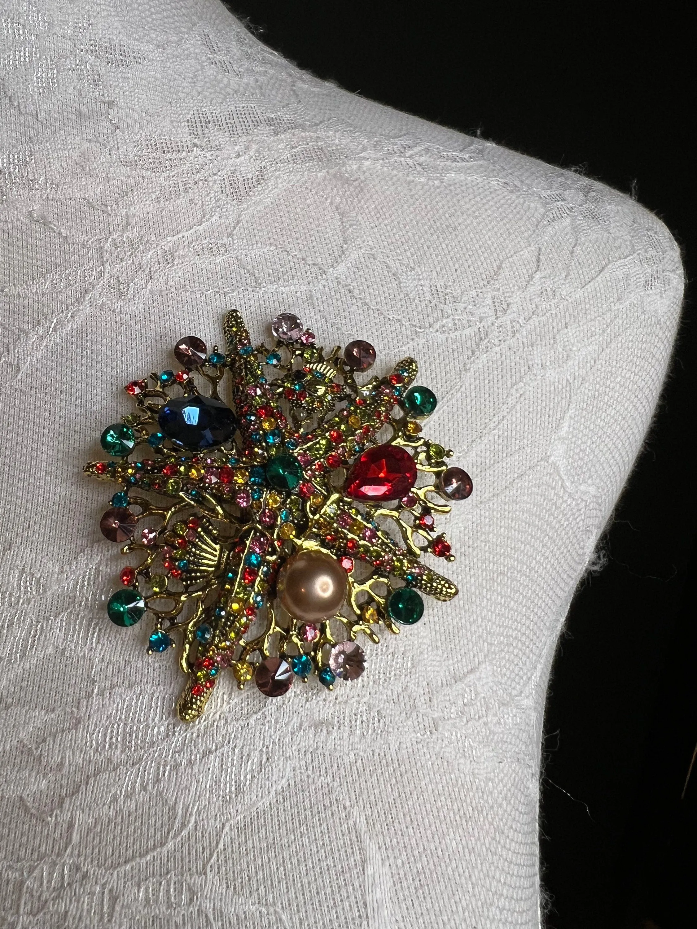 8cm Starfish Centre Rhinestone Pearl Brooch Pin, Green Teal Gold