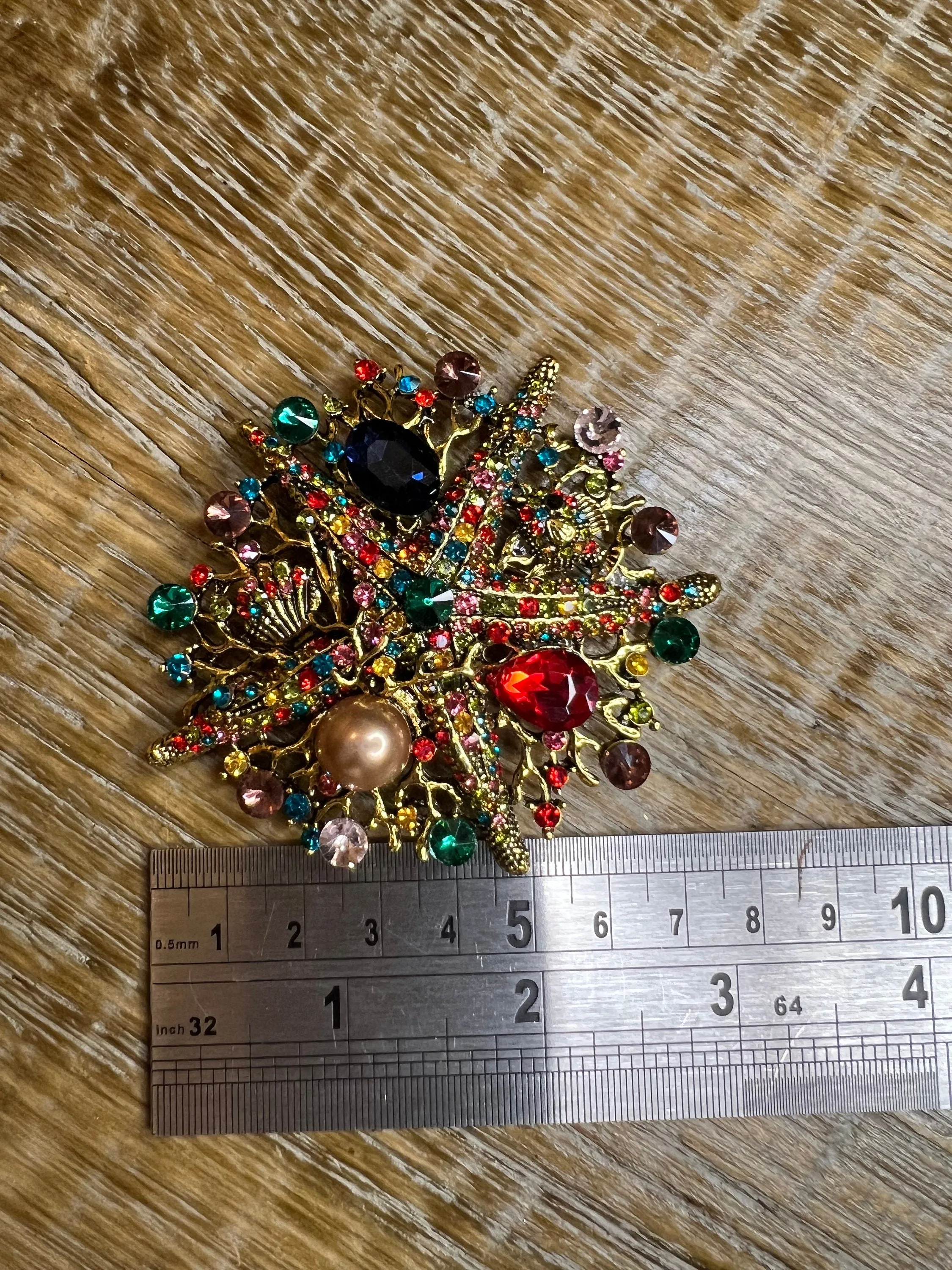8cm Starfish Centre Rhinestone Pearl Brooch Pin, Green Teal Gold