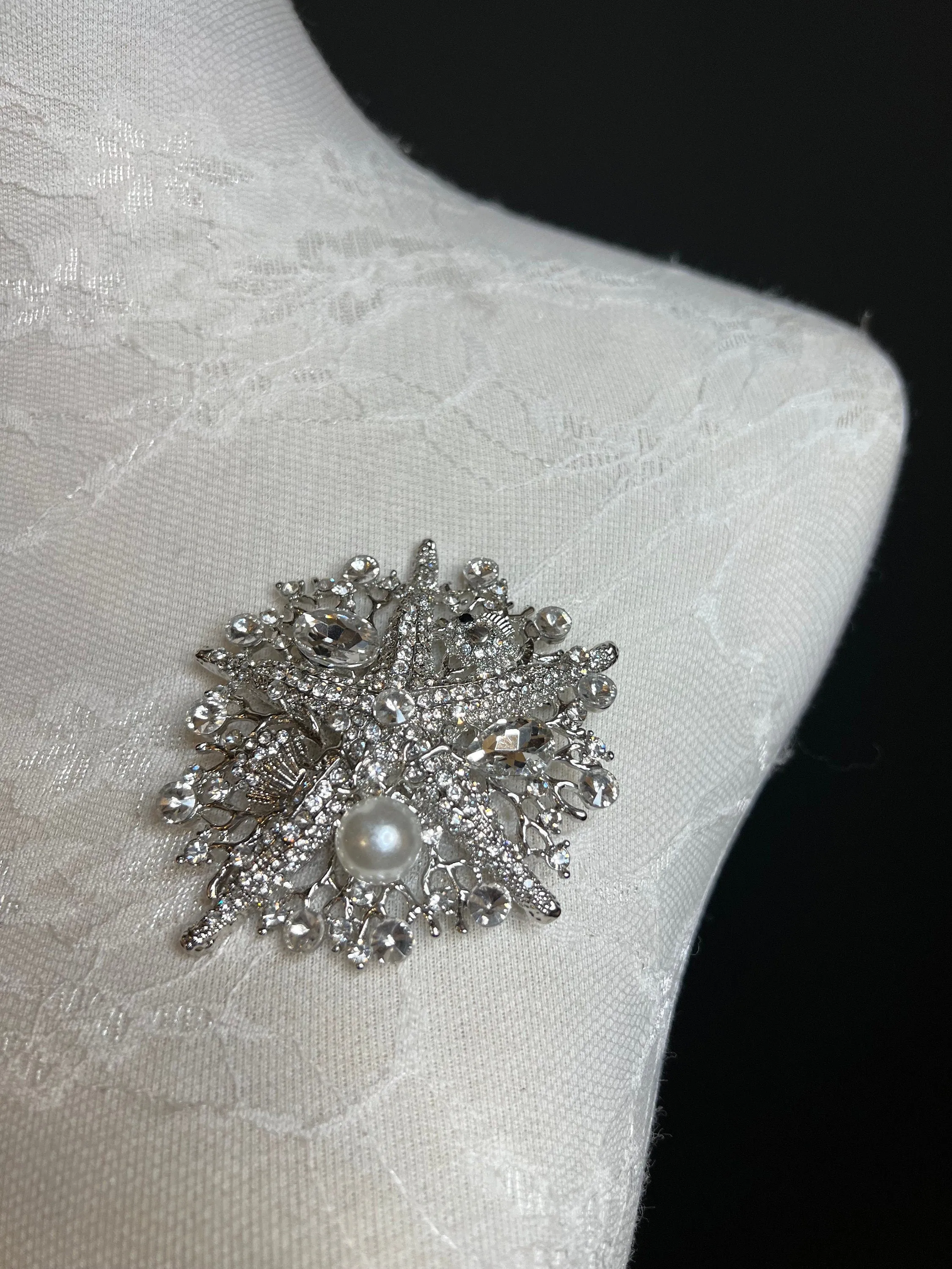8cm Starfish Centre Rhinestone Pearl Brooch Pin, Green Teal Gold