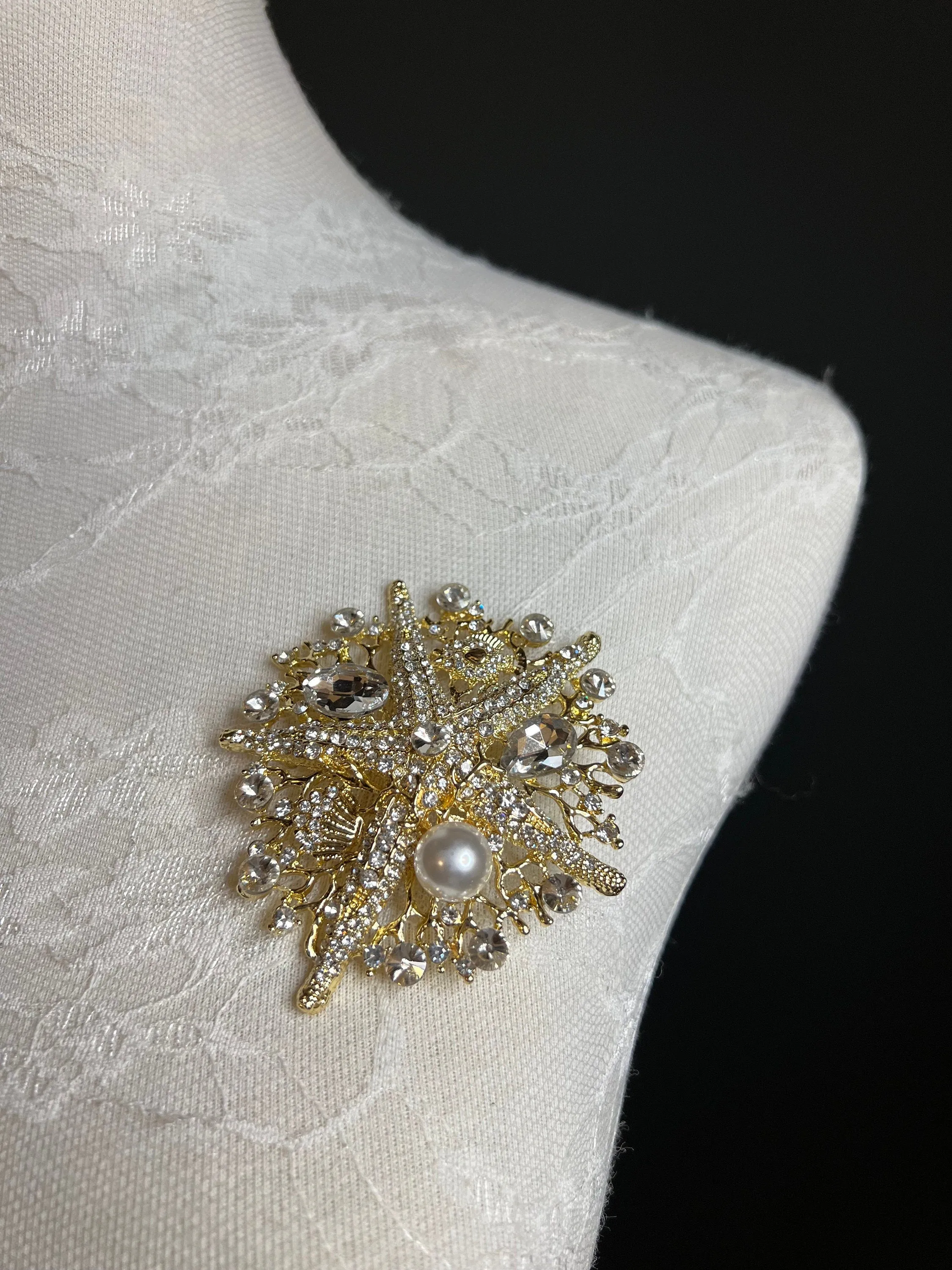 8cm Starfish Centre Rhinestone Pearl Brooch Pin, Green Teal Gold
