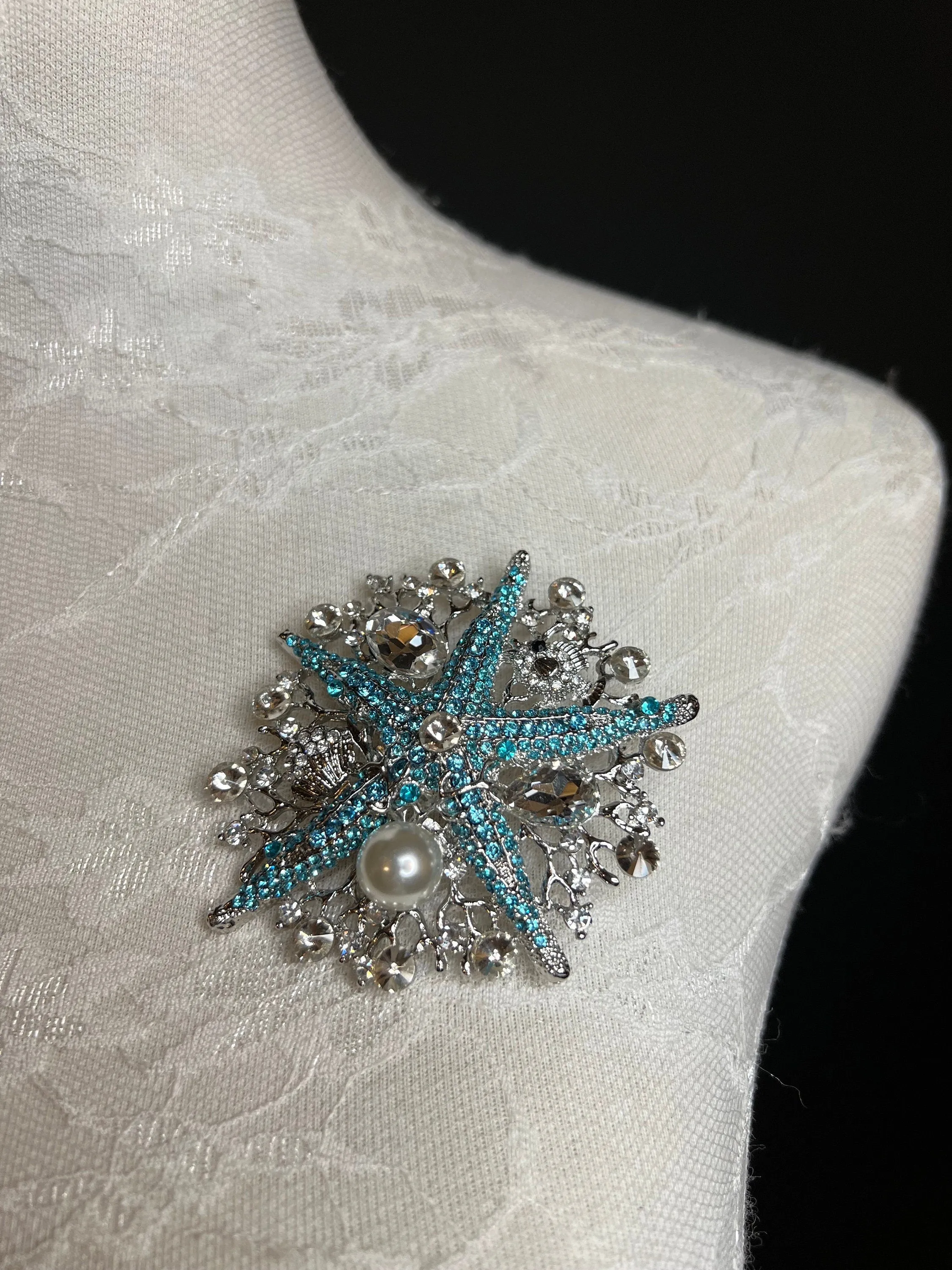 8cm Starfish Centre Rhinestone Pearl Brooch Pin, Green Teal Gold