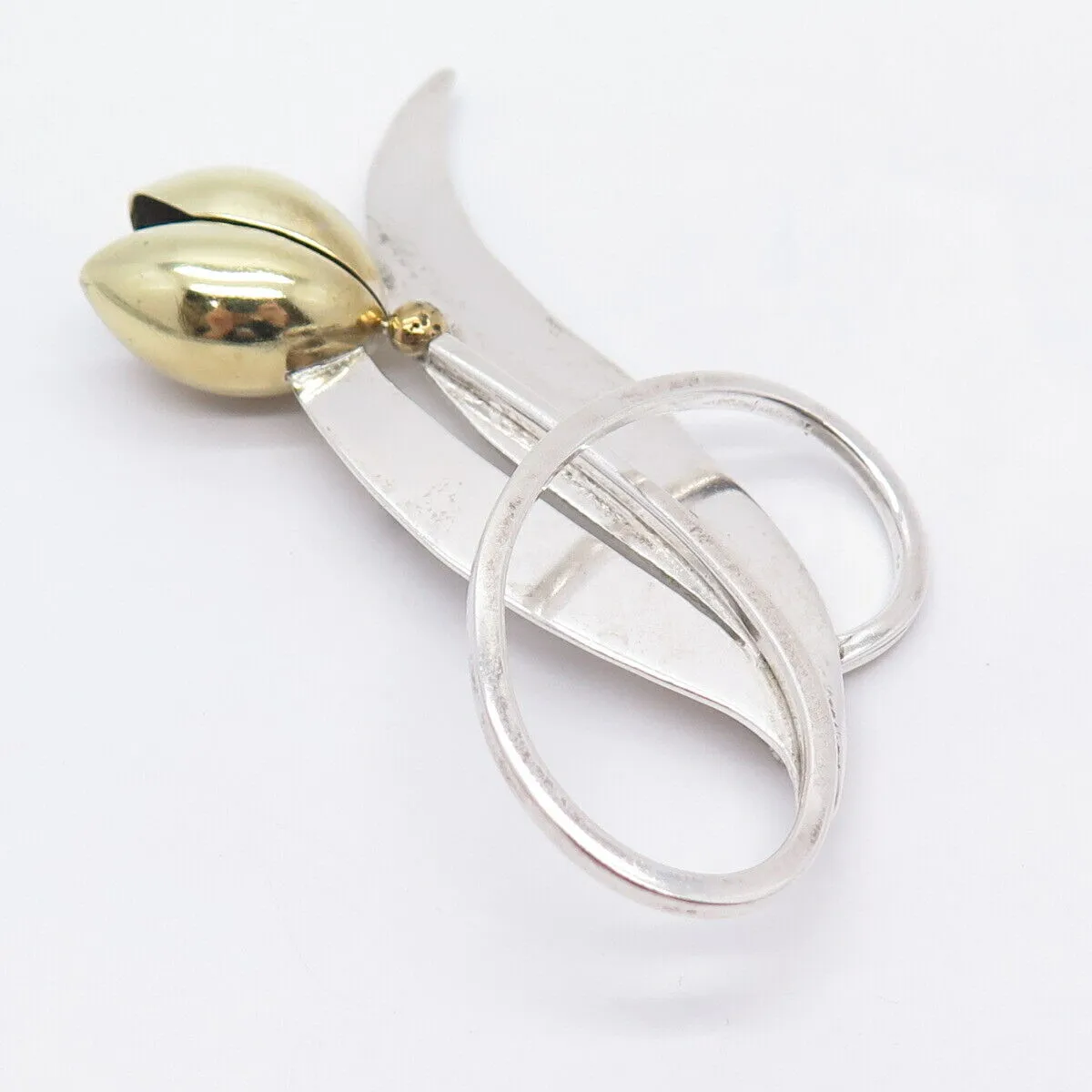925 Sterling Silver 2-Tone Vintage Mexico Floral Tulip Pin Brooch