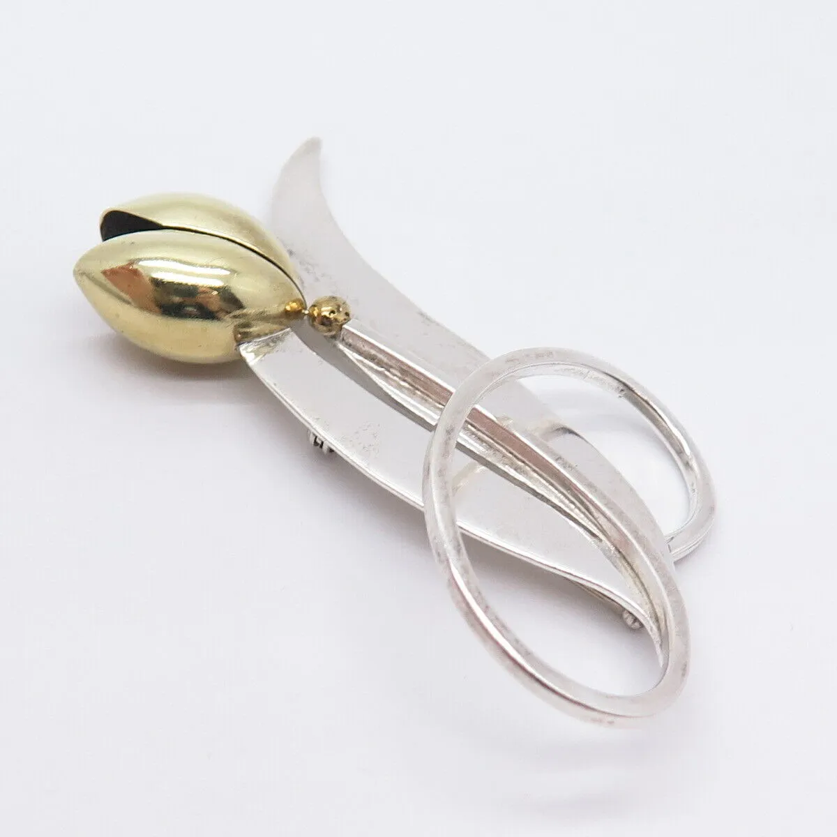925 Sterling Silver 2-Tone Vintage Mexico Floral Tulip Pin Brooch