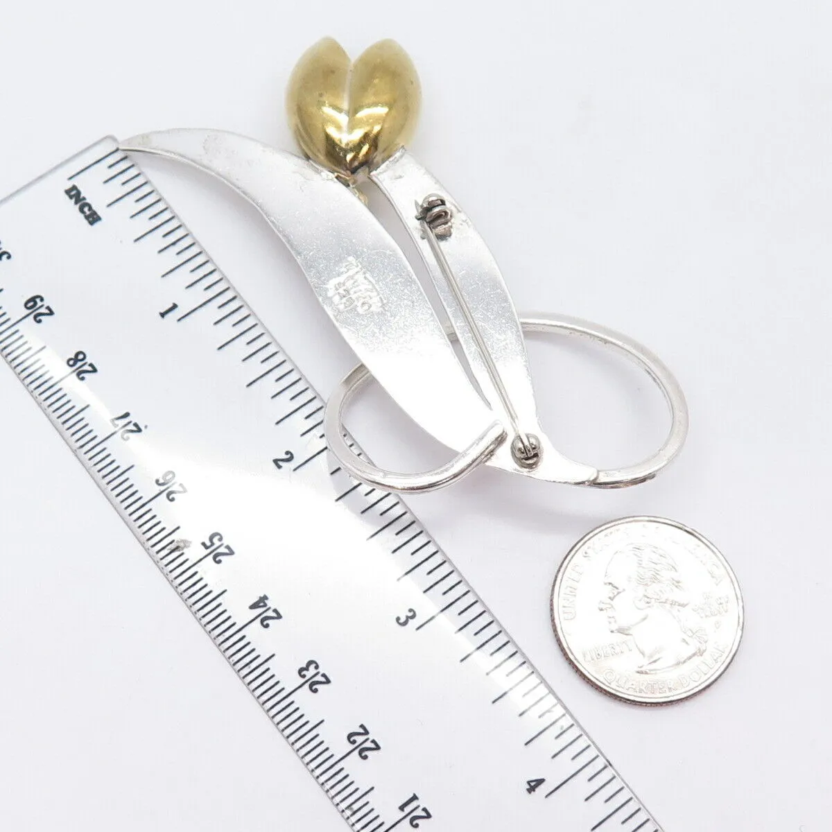 925 Sterling Silver 2-Tone Vintage Mexico Floral Tulip Pin Brooch