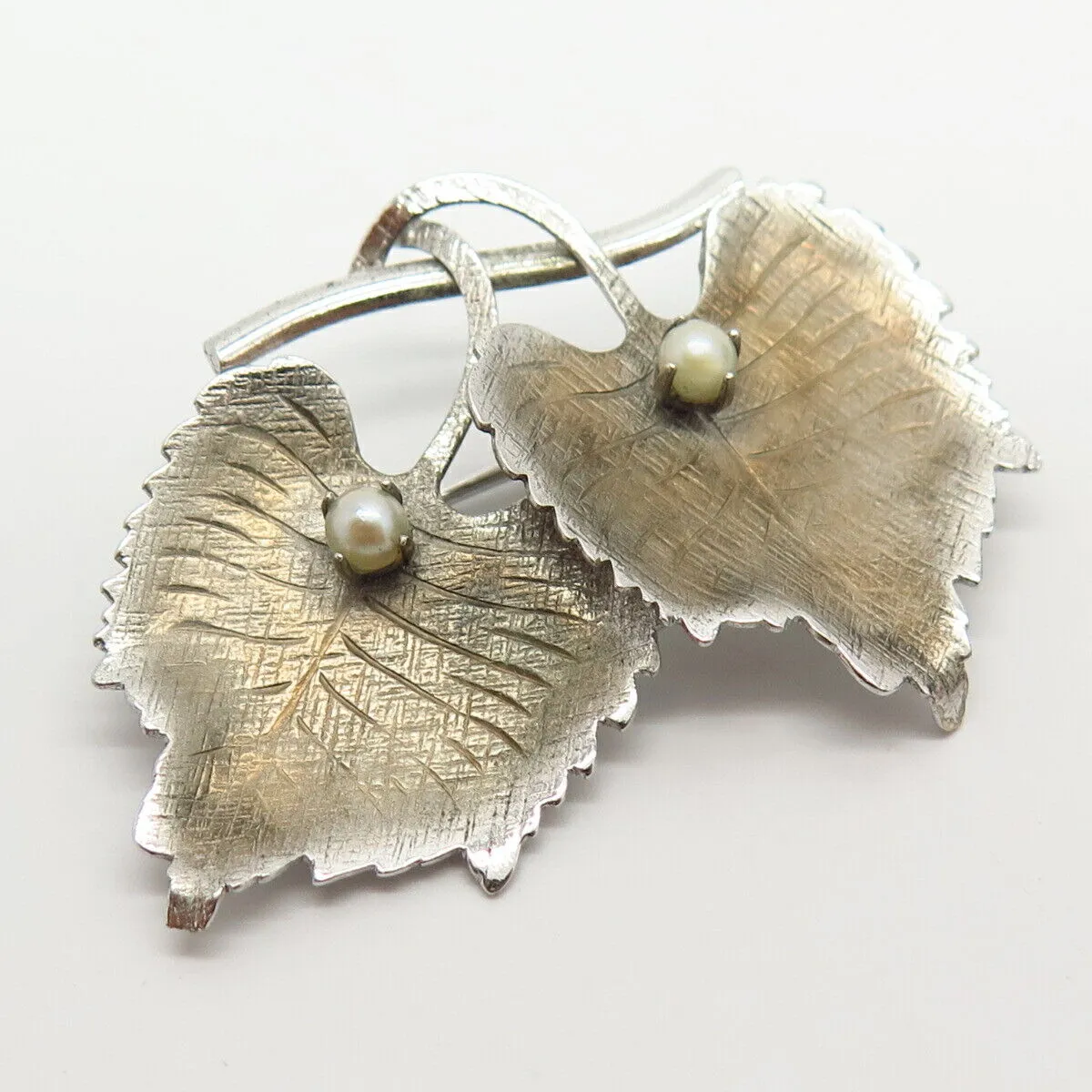 925 Sterling Silver Vintage Carl Art Real Pearl Leaf Design Pin Brooch