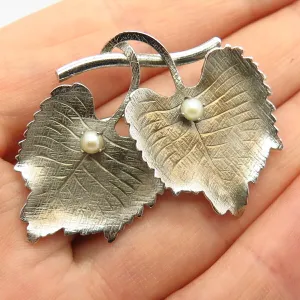 925 Sterling Silver Vintage Carl Art Real Pearl Leaf Design Pin Brooch