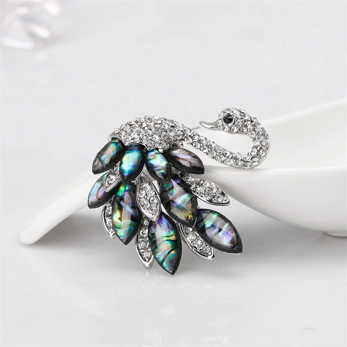 Abalone Shell & Cubic Zirconia Silver-Plated Swan Brooch