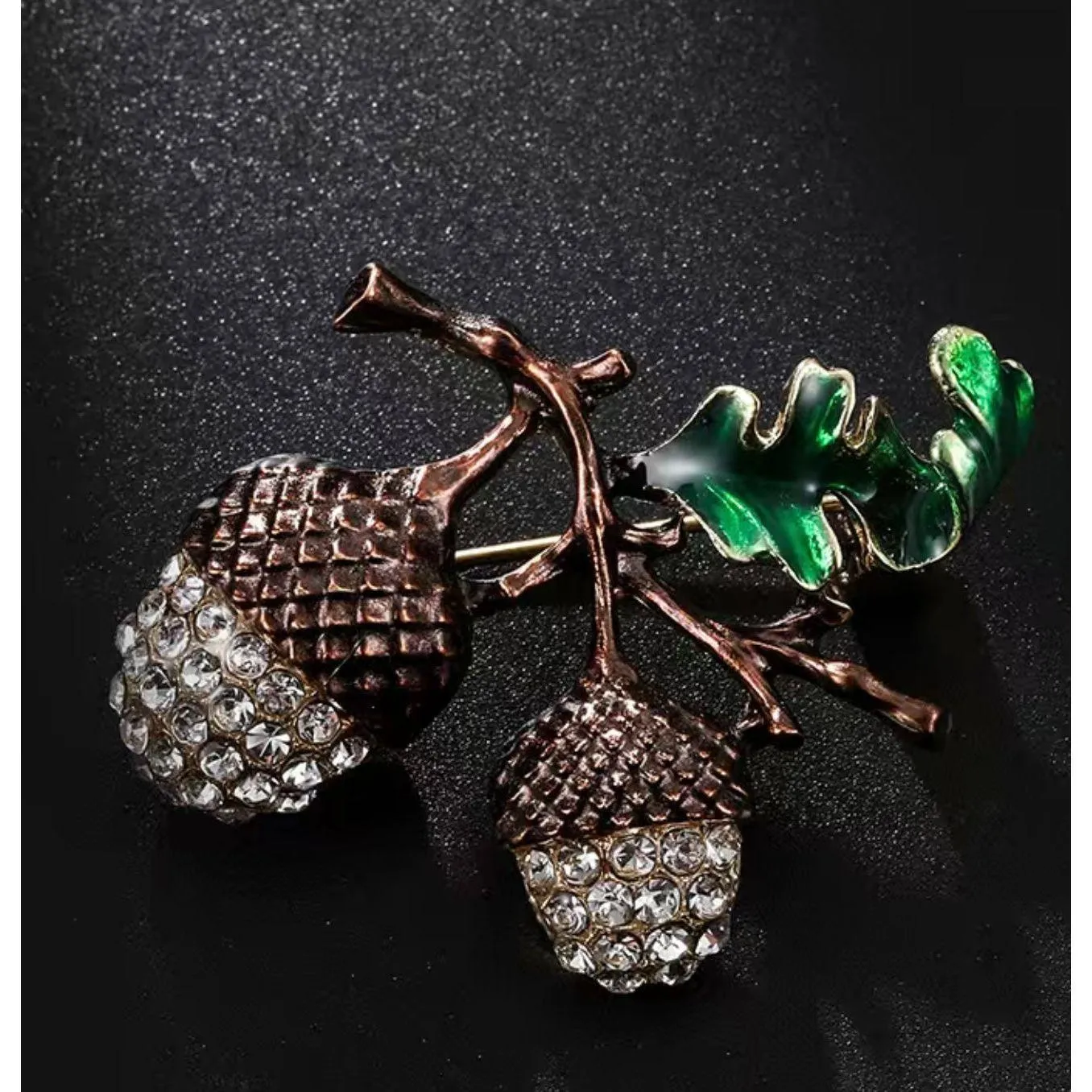 Acorn Branch Jewelled & Enamel Brooch