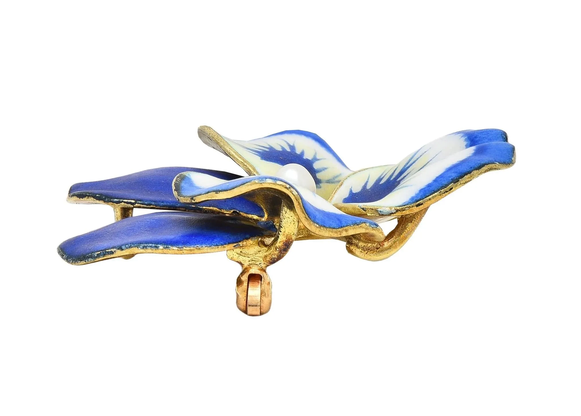 A.J. Hedges & Co. Art Nouveau Blue White Enamel Pearl 14 Karat Yellow Gold Antique Pansy Brooch