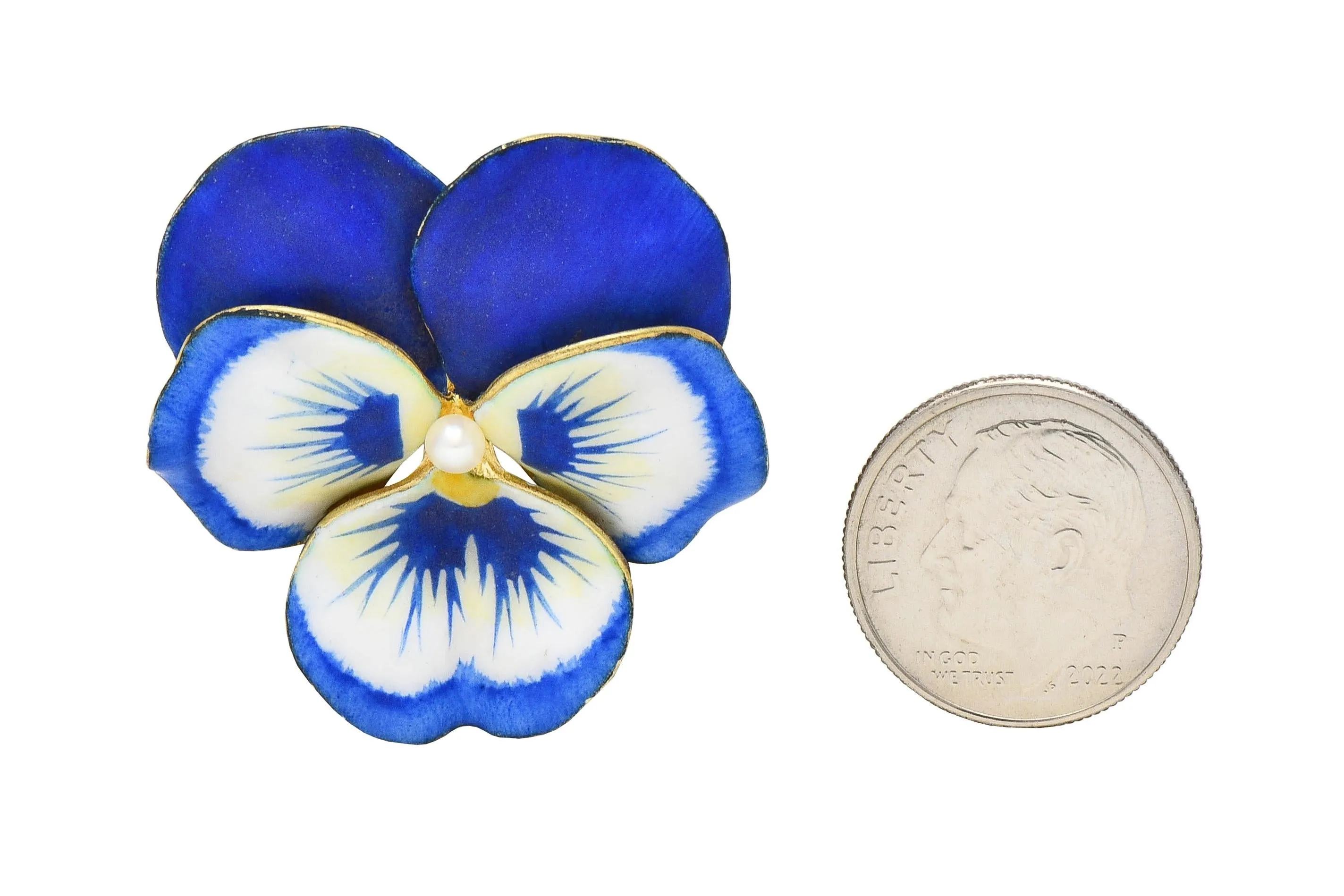 A.J. Hedges & Co. Art Nouveau Blue White Enamel Pearl 14 Karat Yellow Gold Antique Pansy Brooch