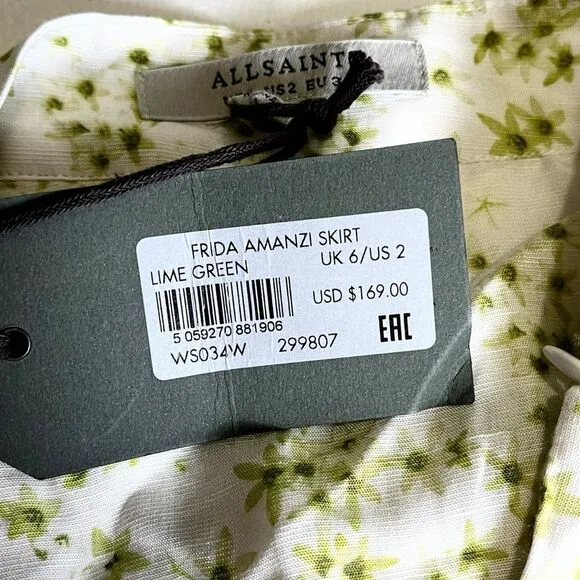 AllSaints Mini Skort Frida Amanzi Lime Green Ditsy Floral Size 2 NWT MSRP $169