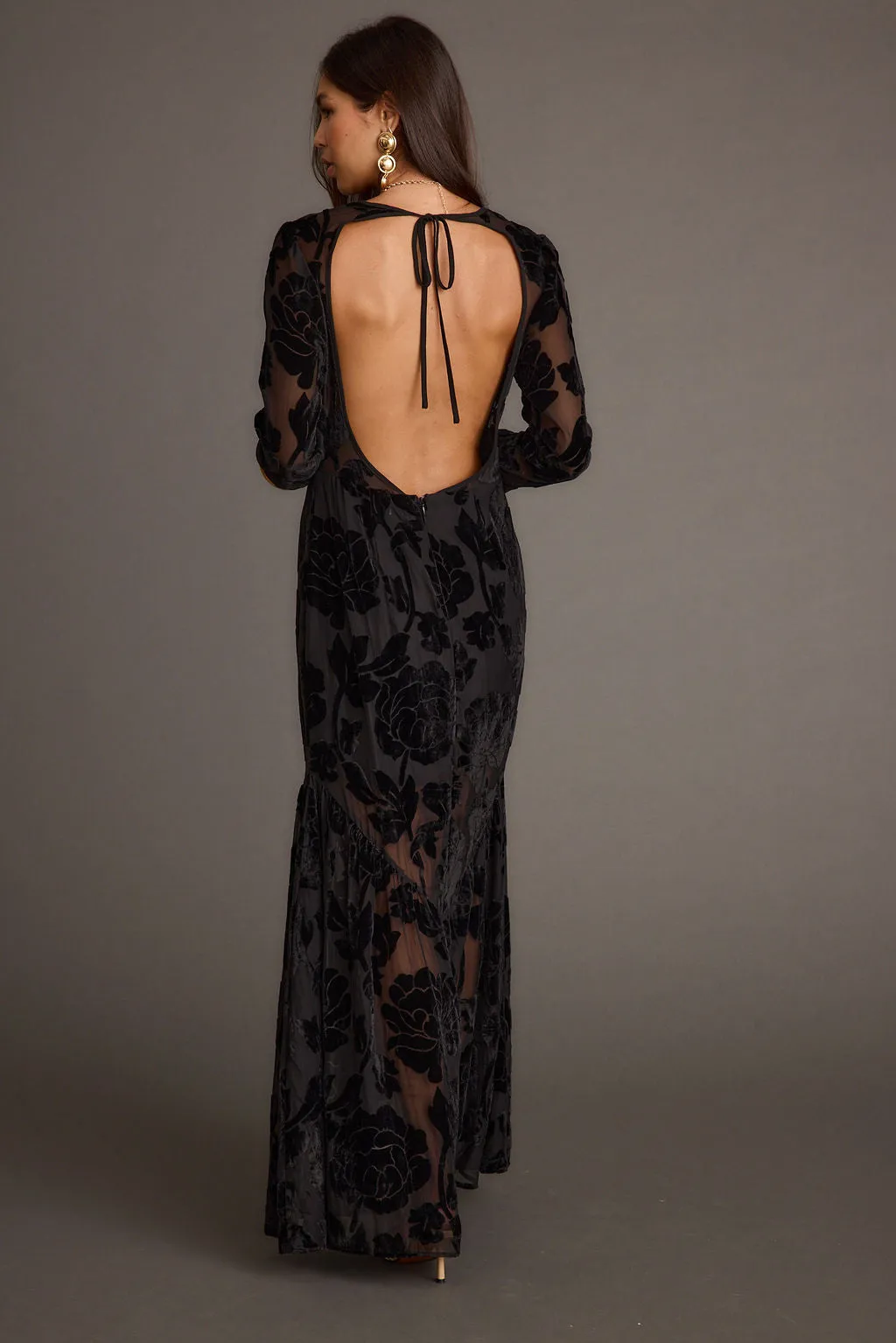 Angela Black Velvet Burnout Long Sleeve Maxi Dress