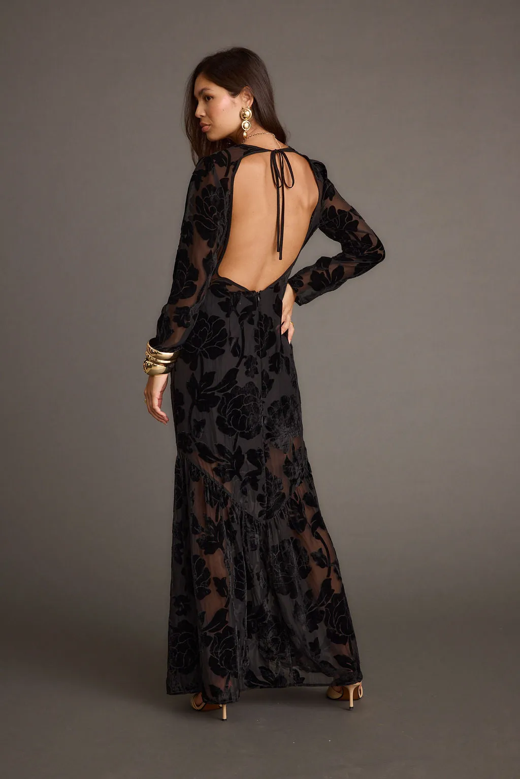 Angela Black Velvet Burnout Long Sleeve Maxi Dress