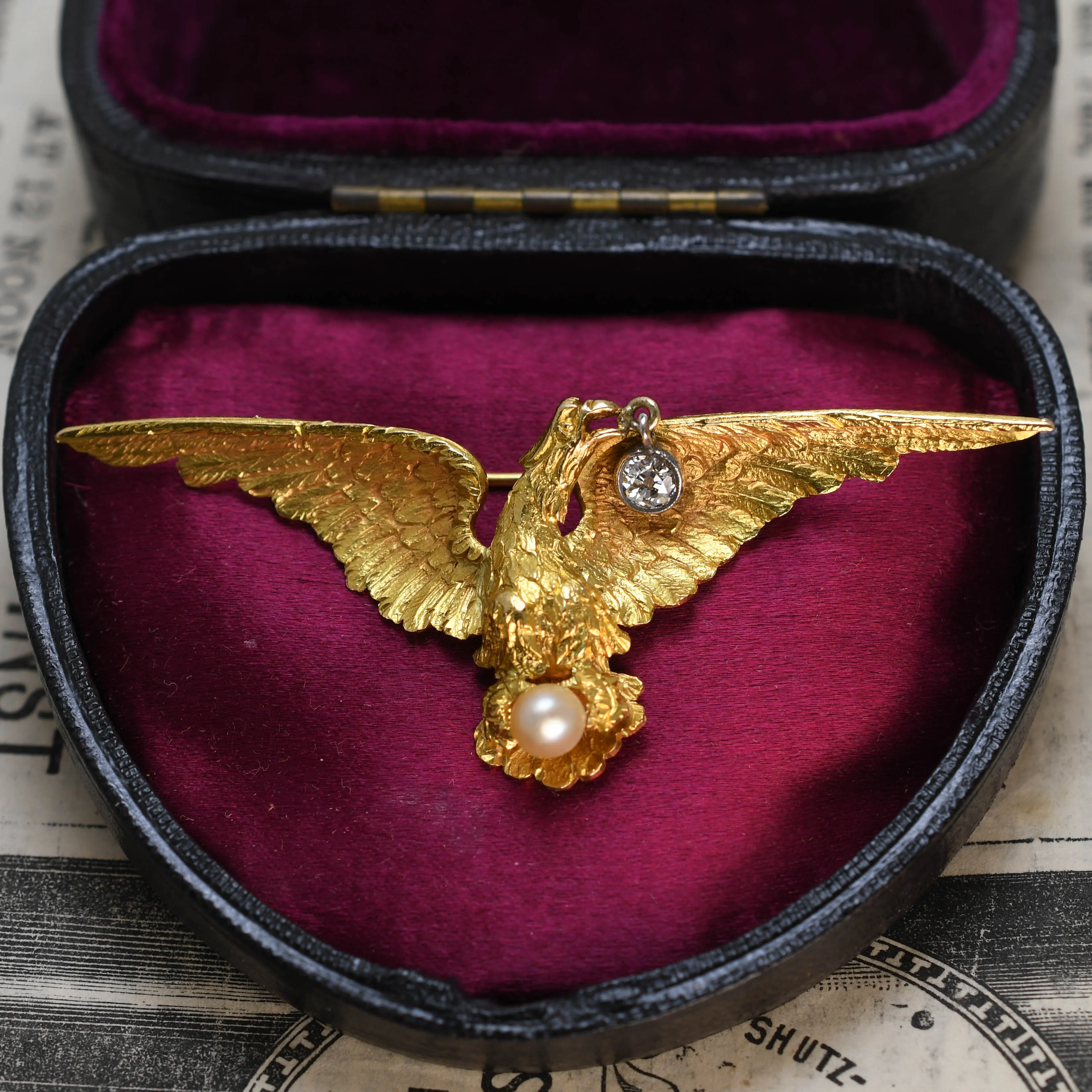 Antique French Diamond & Pearl Eagle Brooch