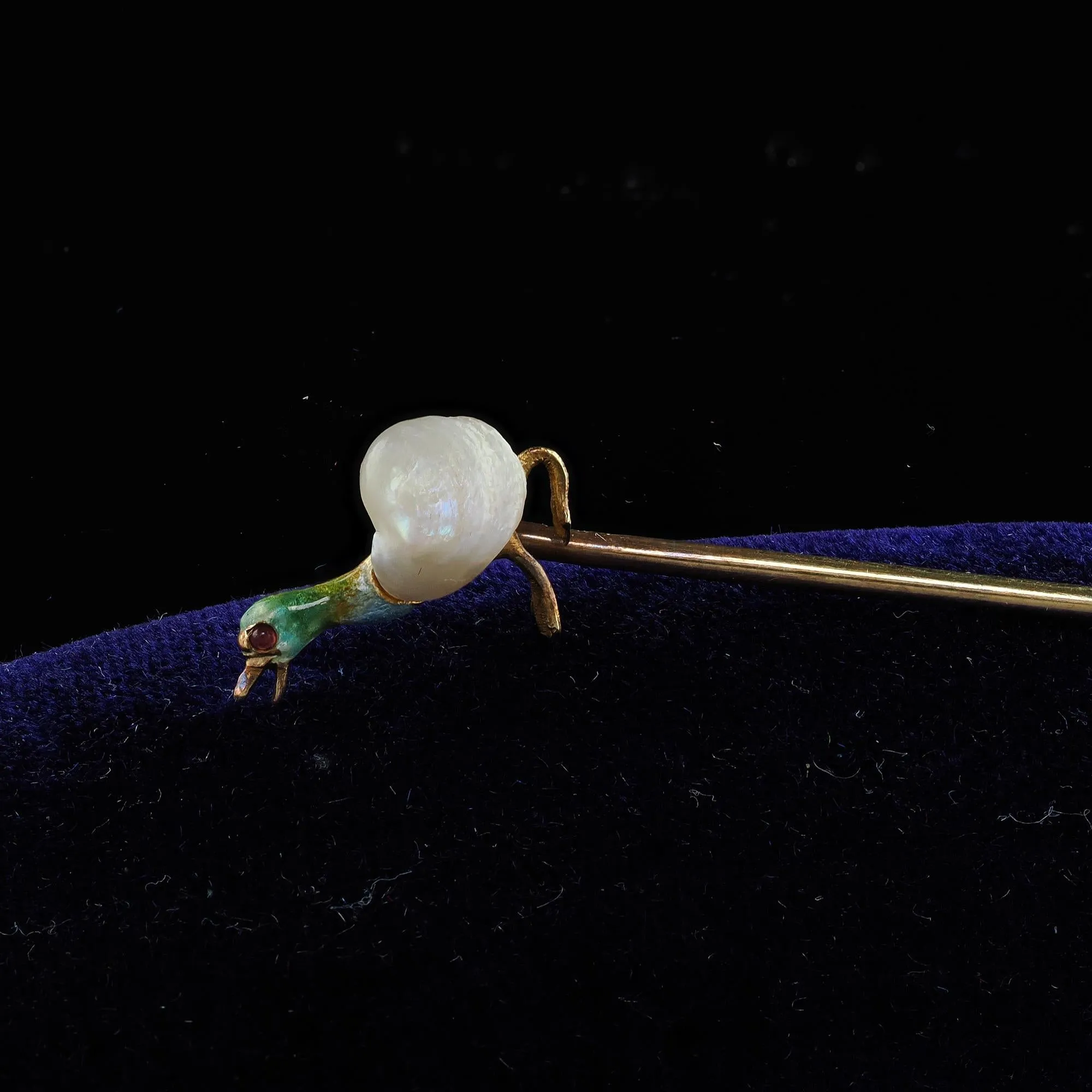 Antique Victorian 14K Yellow Gold Enamel and Pearl Duck Stick Pin