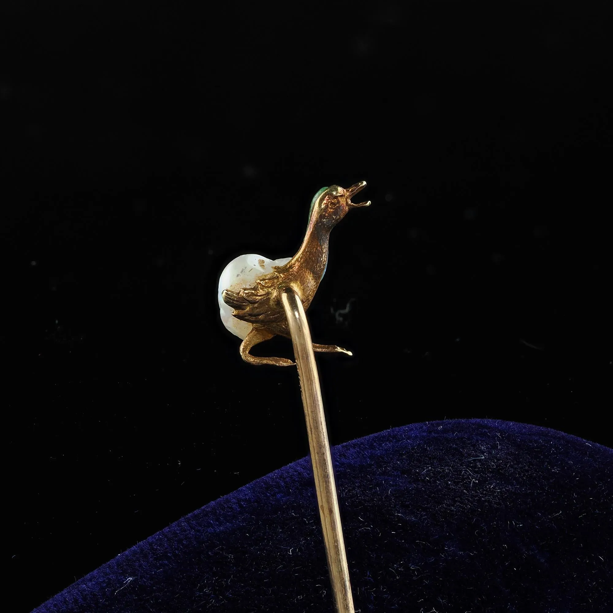 Antique Victorian 14K Yellow Gold Enamel and Pearl Duck Stick Pin