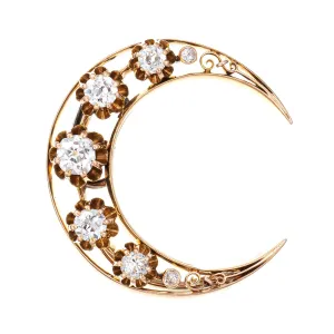 Antique Victorian Diamond Pendant Crescent Moon 14k Gold Star Celestial Brooch