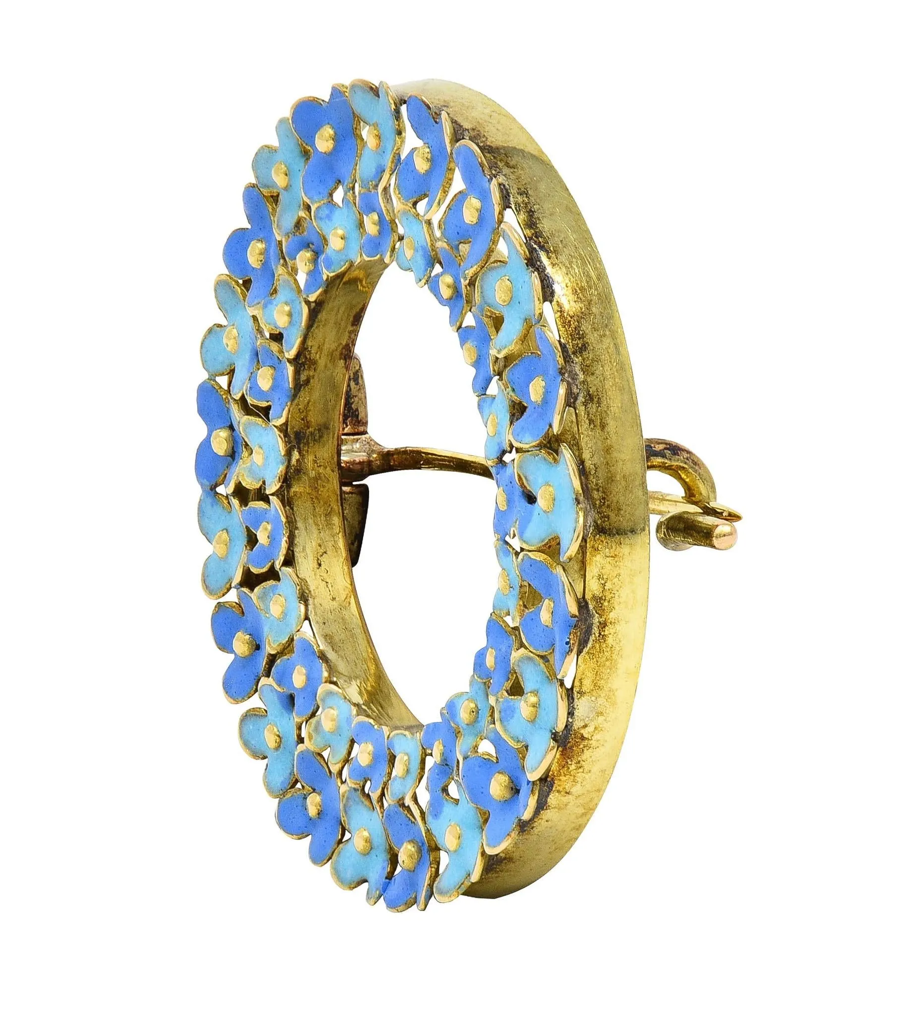 Art Nouveau Enamel 14 Karat Gold Forget-Me-Not Antique Wreath Flower Circle Brooch