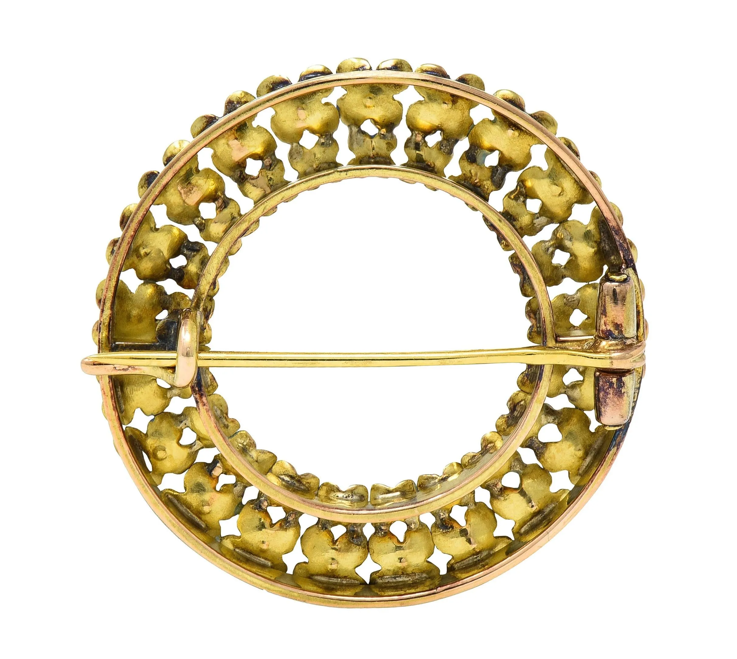 Art Nouveau Enamel 14 Karat Gold Forget-Me-Not Antique Wreath Flower Circle Brooch