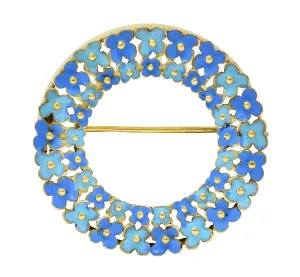 Art Nouveau Enamel 14 Karat Gold Forget-Me-Not Antique Wreath Flower Circle Brooch