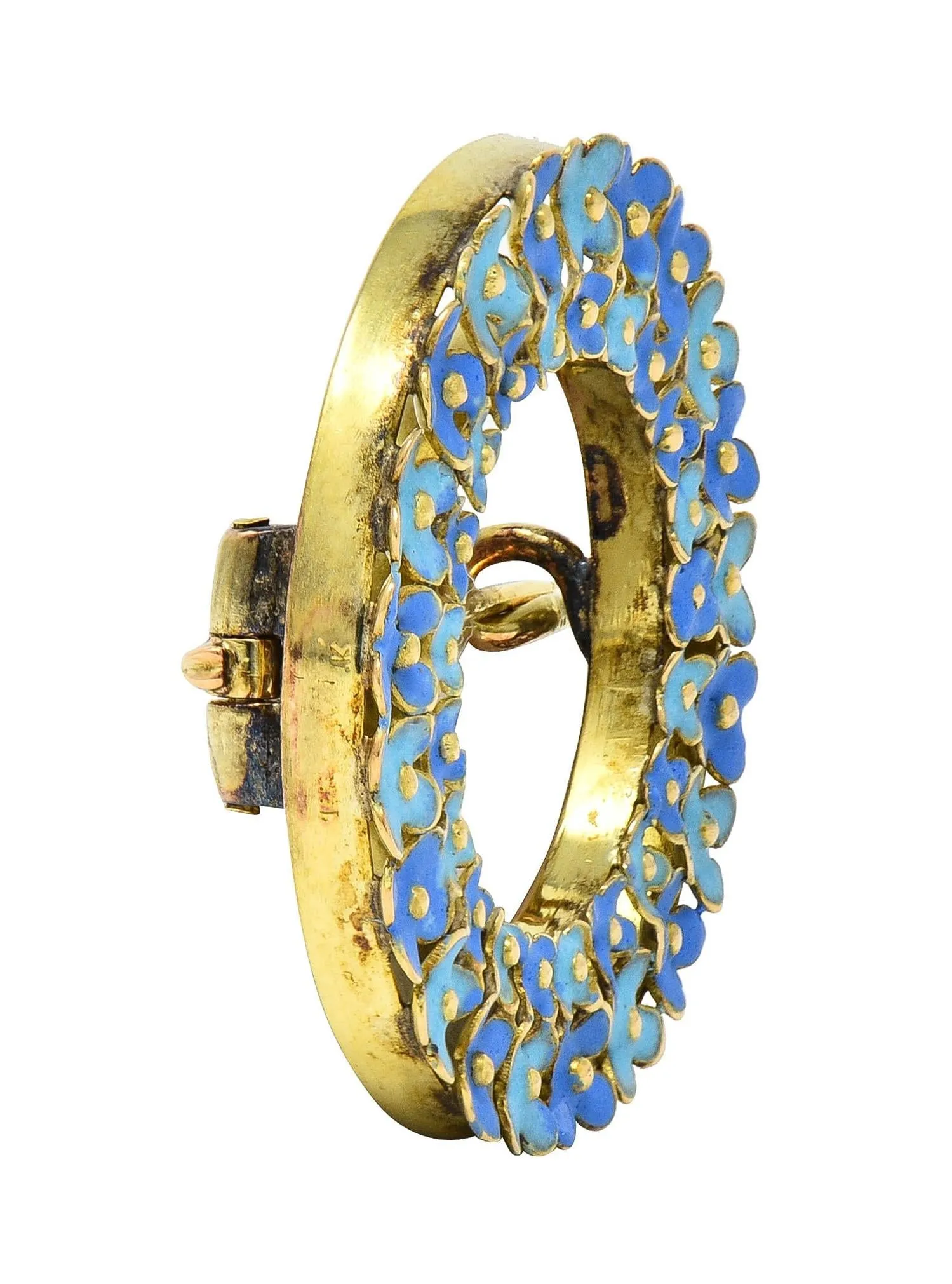 Art Nouveau Enamel 14 Karat Gold Forget-Me-Not Antique Wreath Flower Circle Brooch