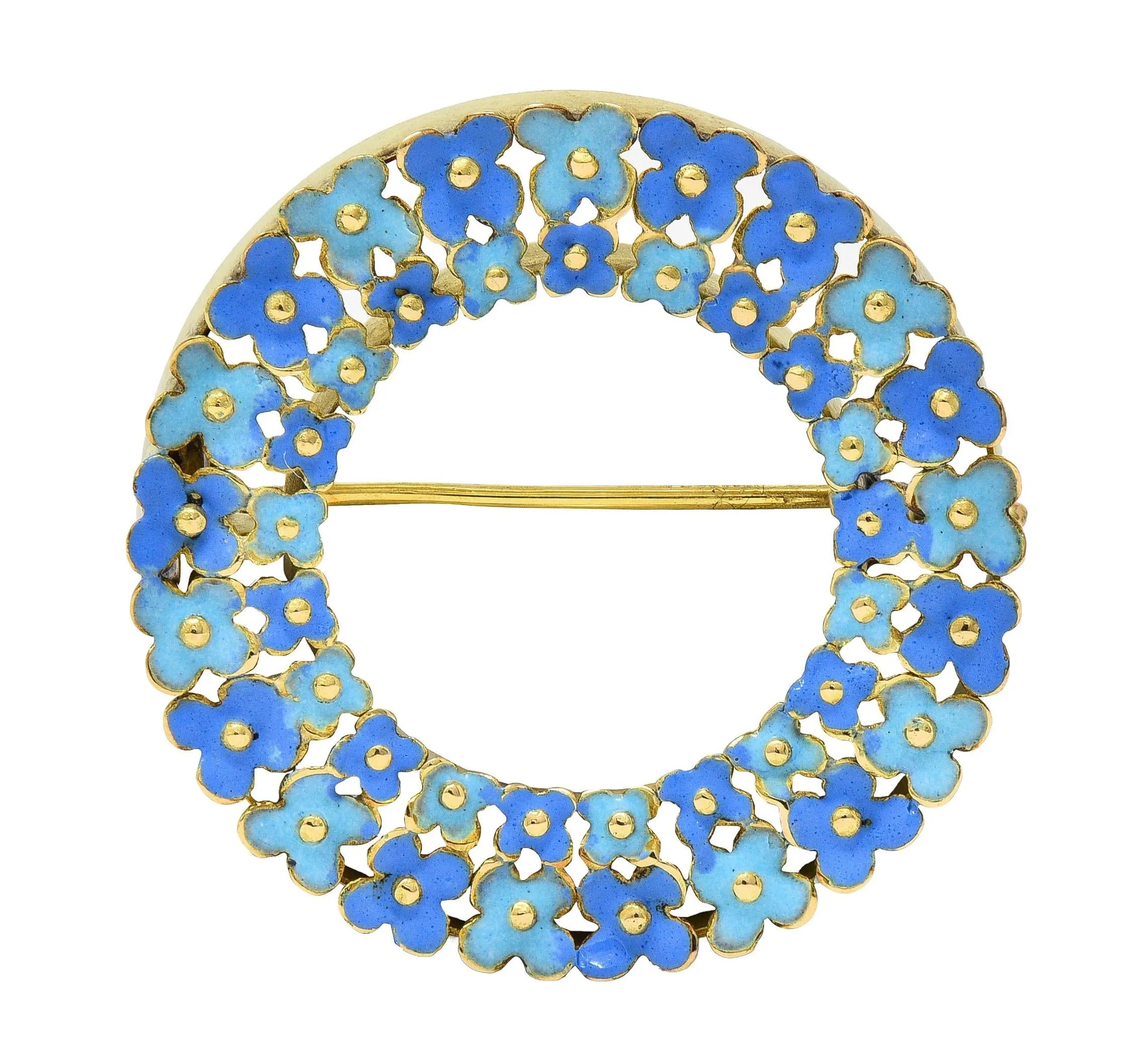 Art Nouveau Enamel 14 Karat Gold Forget-Me-Not Antique Wreath Flower Circle Brooch