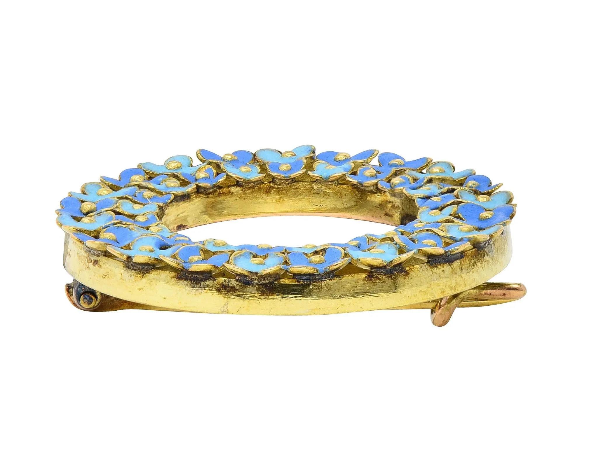 Art Nouveau Enamel 14 Karat Gold Forget-Me-Not Antique Wreath Flower Circle Brooch