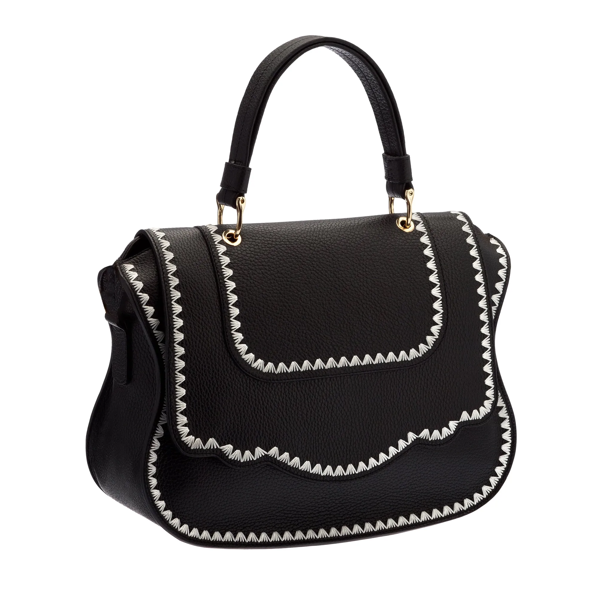 Audrey Satchel: Black Designer Handbag with White Stitching & Gold Hardware