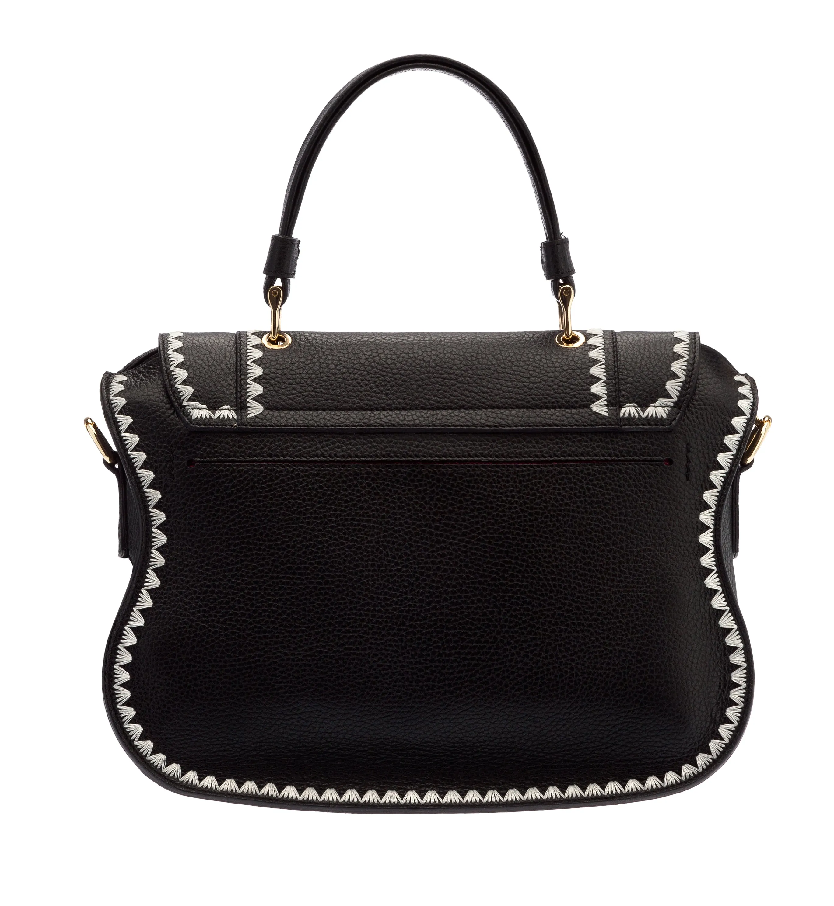 Audrey Satchel: Black Designer Handbag with White Stitching & Gold Hardware