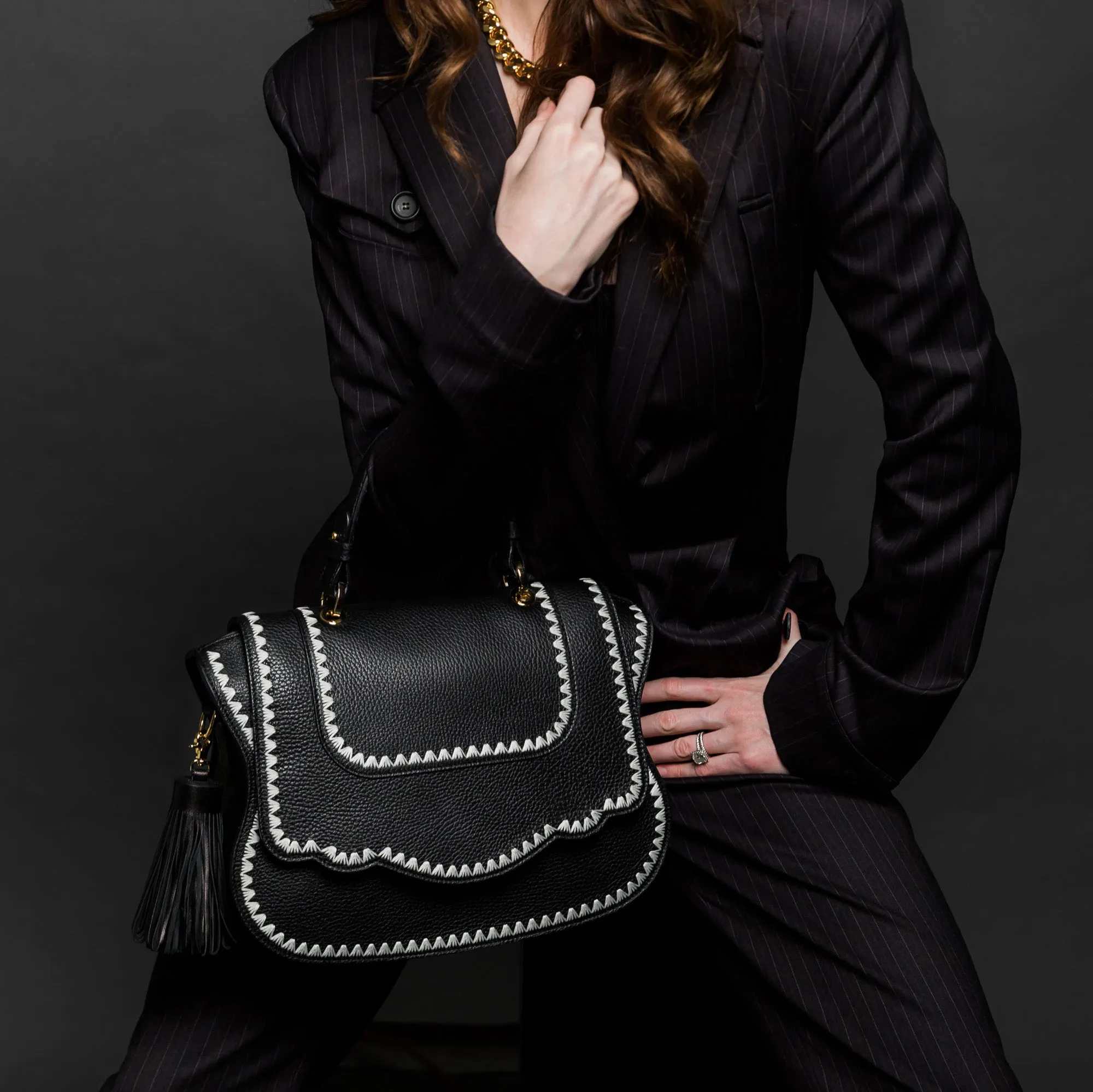 Audrey Satchel: Black Designer Handbag with White Stitching & Gold Hardware