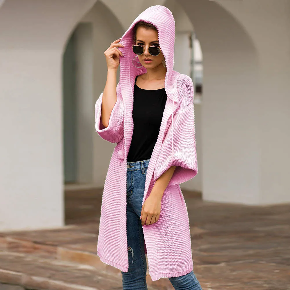 Autumn and Winter Women's Sweaters Three-color Long Hooded Lazy Wind Loose Sweater