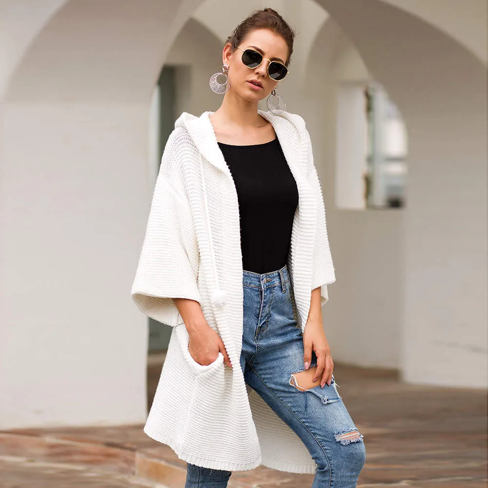 Autumn and Winter Women's Sweaters Three-color Long Hooded Lazy Wind Loose Sweater