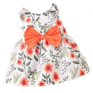 Baby Girl Floral Bow Sleeveless Dress - White