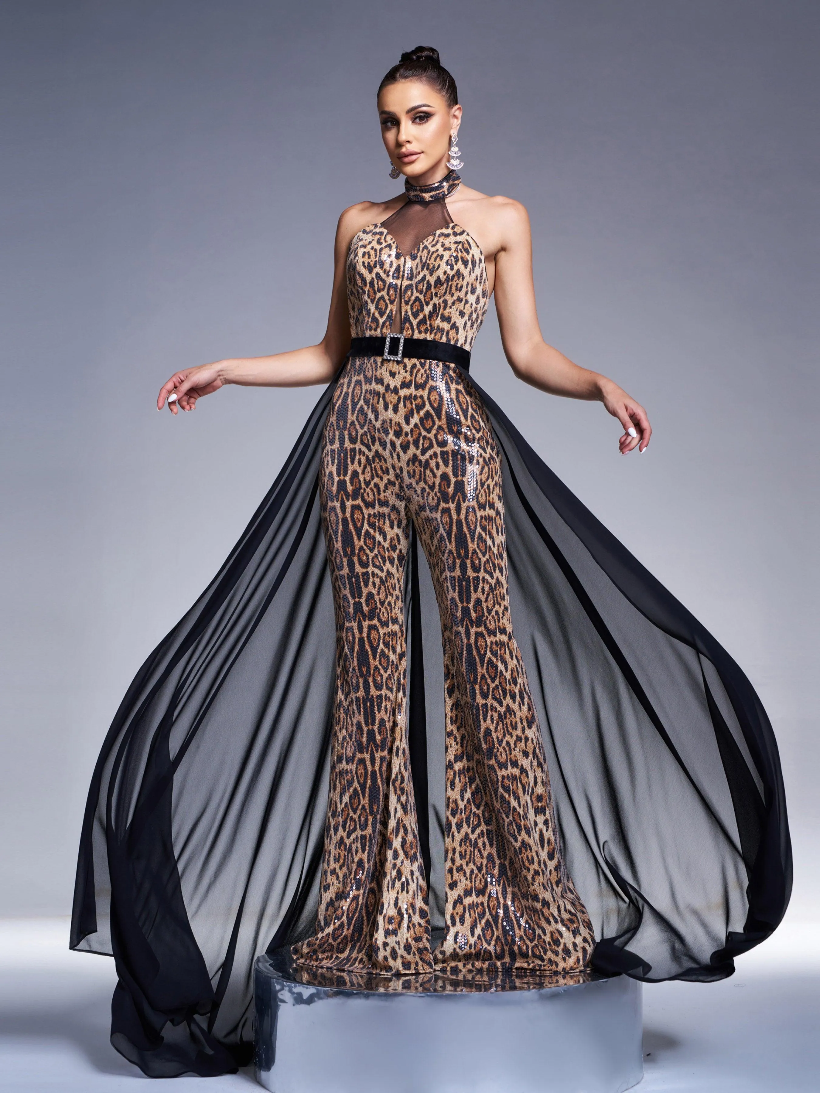 Backless Mesh Cape Leopard Jumpsuits DH80220