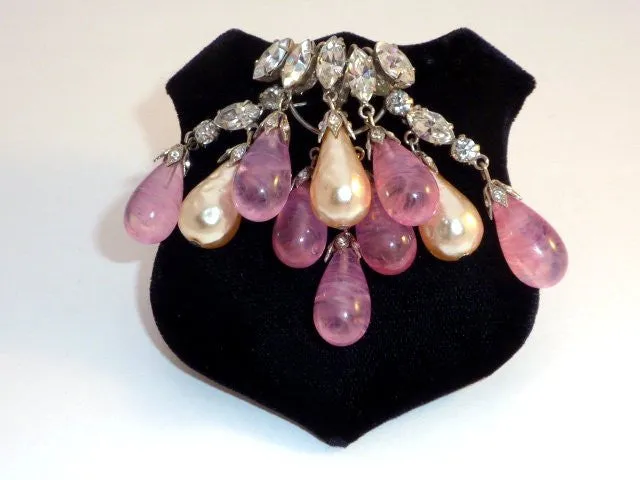 Baroque pearl and pink crystal brooch and earrings by Roger Jean-Pierre