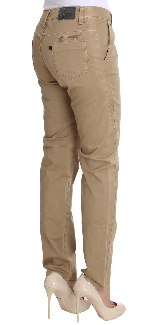 Beige Cotton Slim Fit Jeans