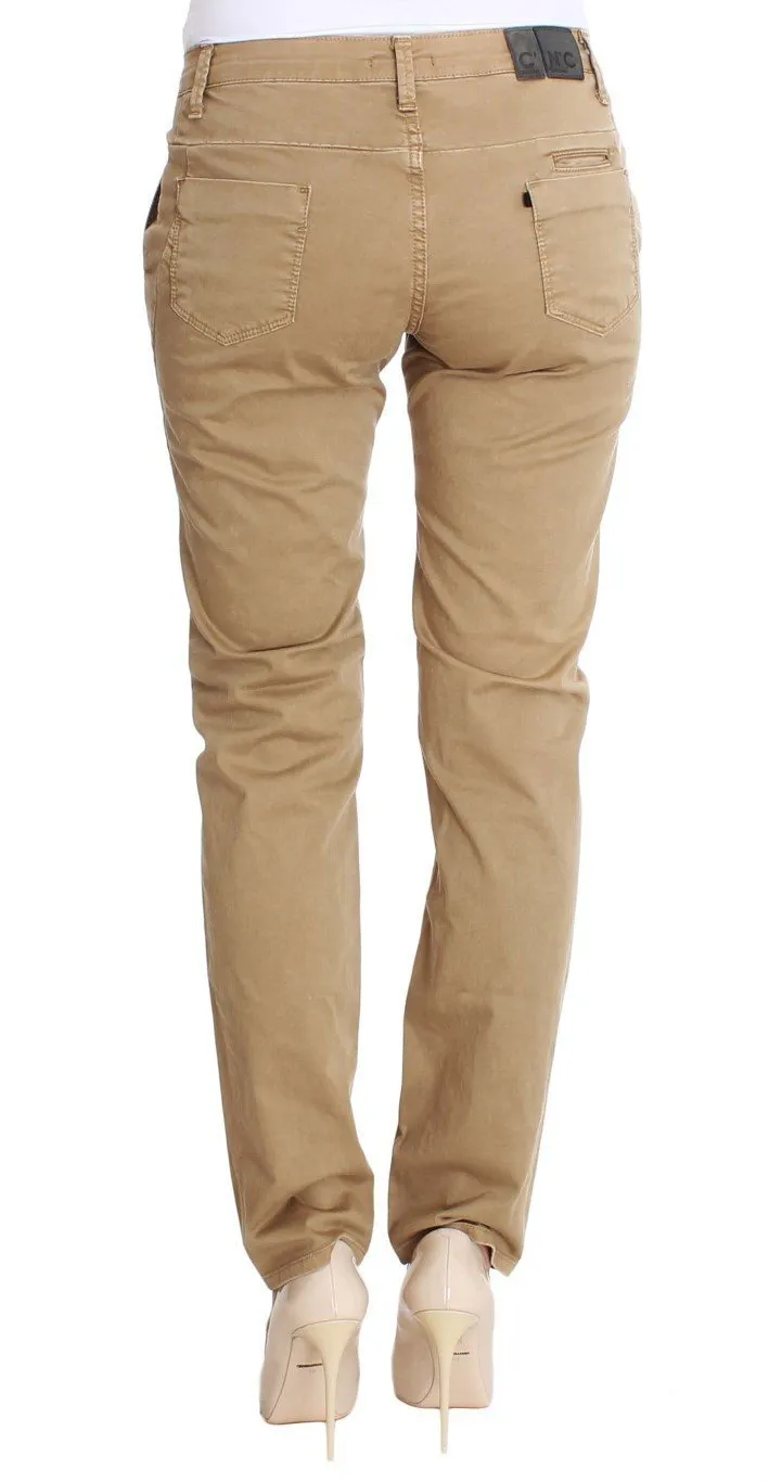 Beige Cotton Slim Fit Jeans