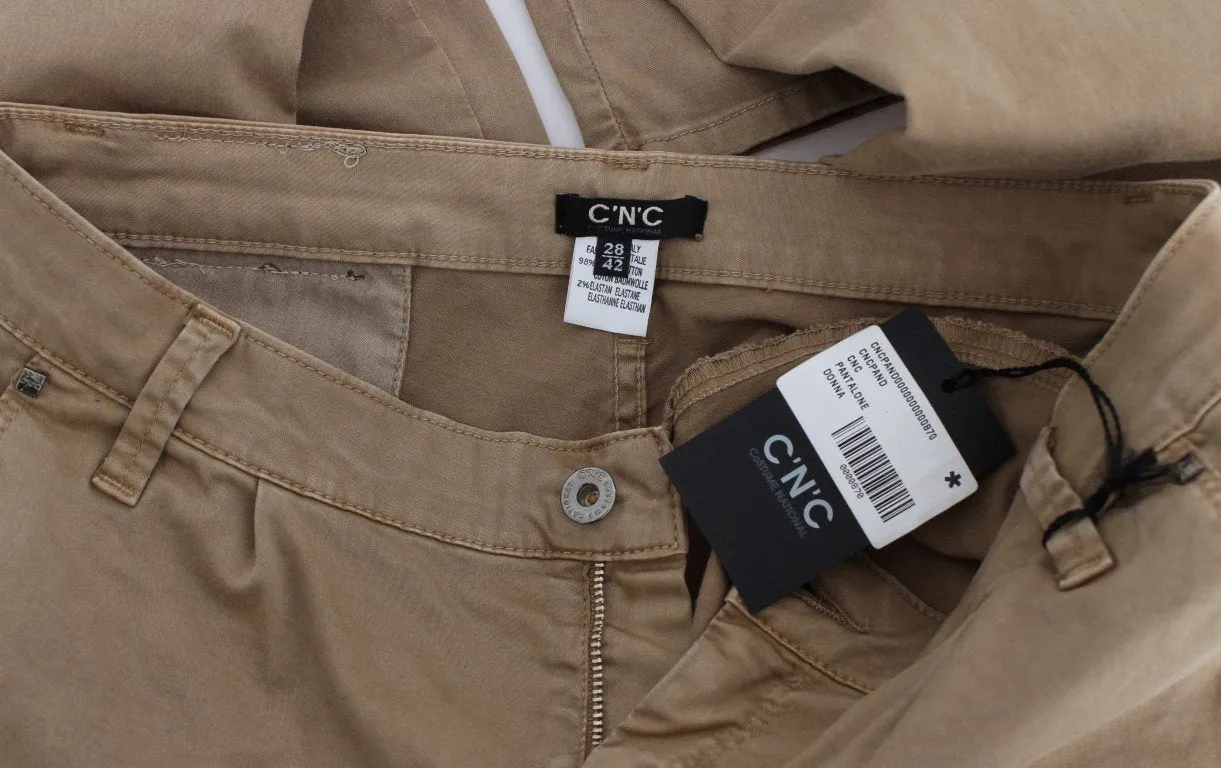 Beige Cotton Slim Fit Jeans